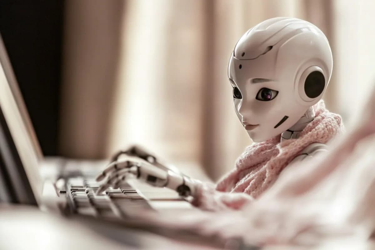 A female robot typing on a computer